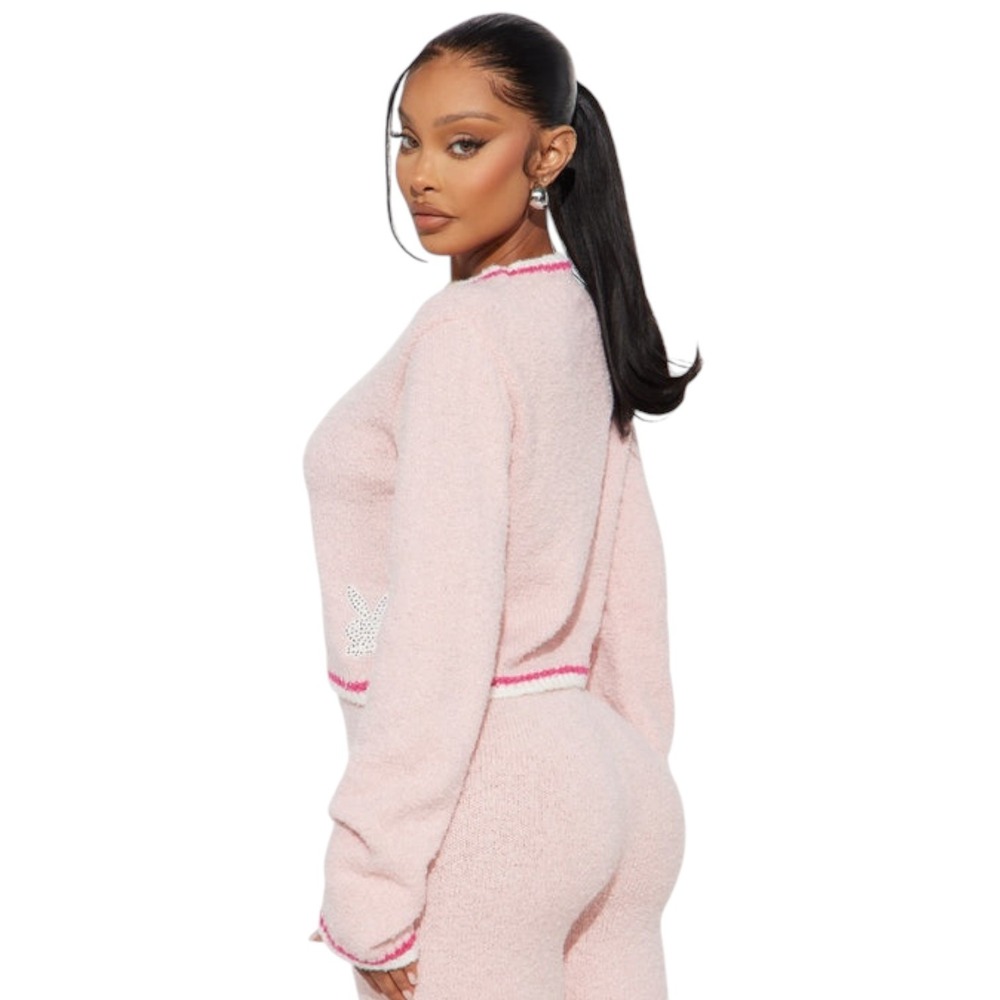 Playboy Rhinestone Cozy Top Barbiecore Pink Knit Cropped Sweater Women's Large